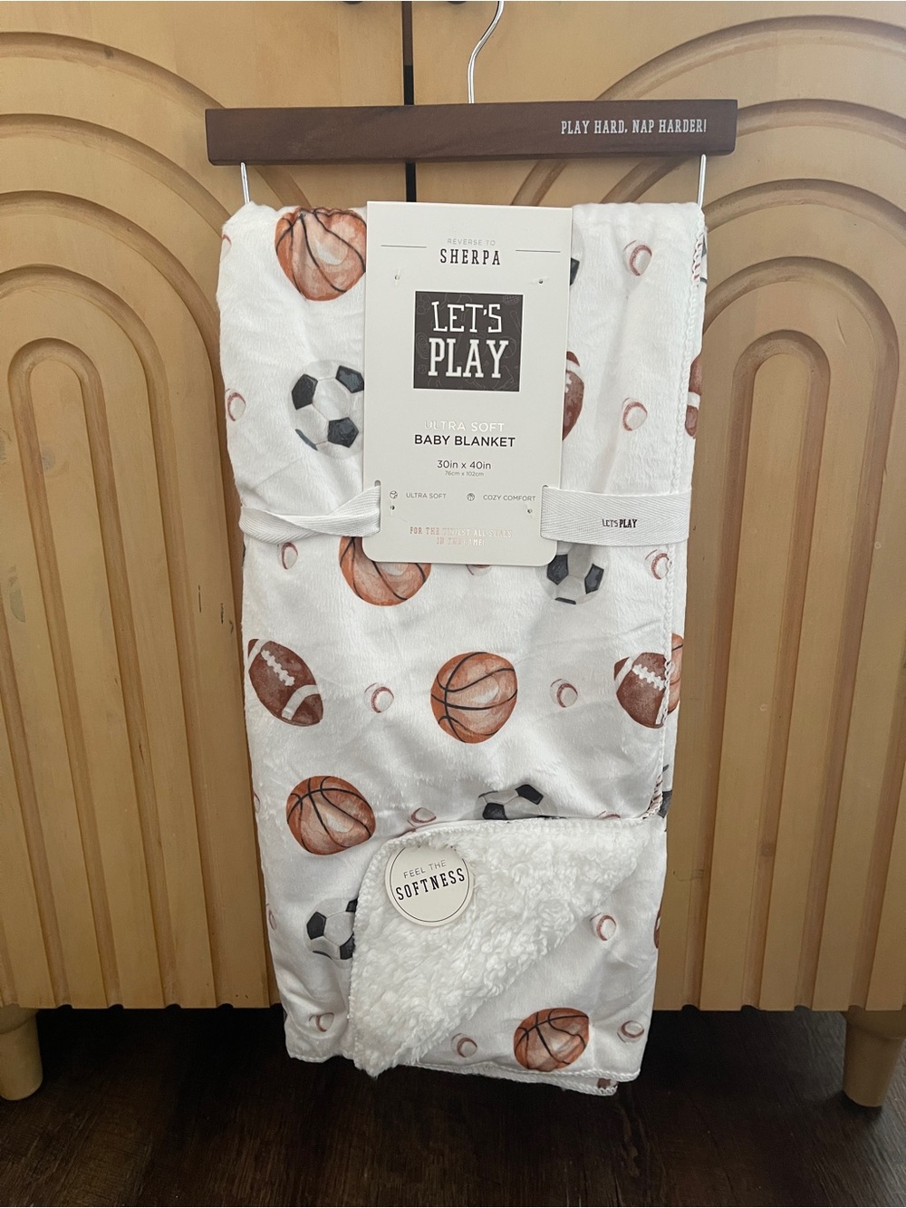 Sherpa Baby Blanket - White with Sports Print